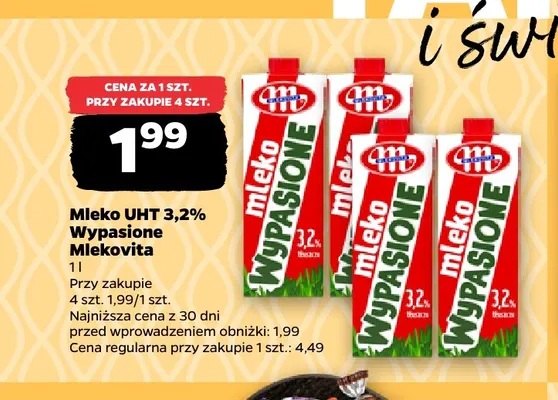Mleko UHT Wypasione Mlekovita 3,2% promocja w Netto
