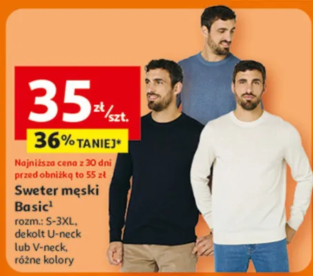 Sweter męski Basic dekolt U-neck lub V-neck, różne kolory promocja w Auchan