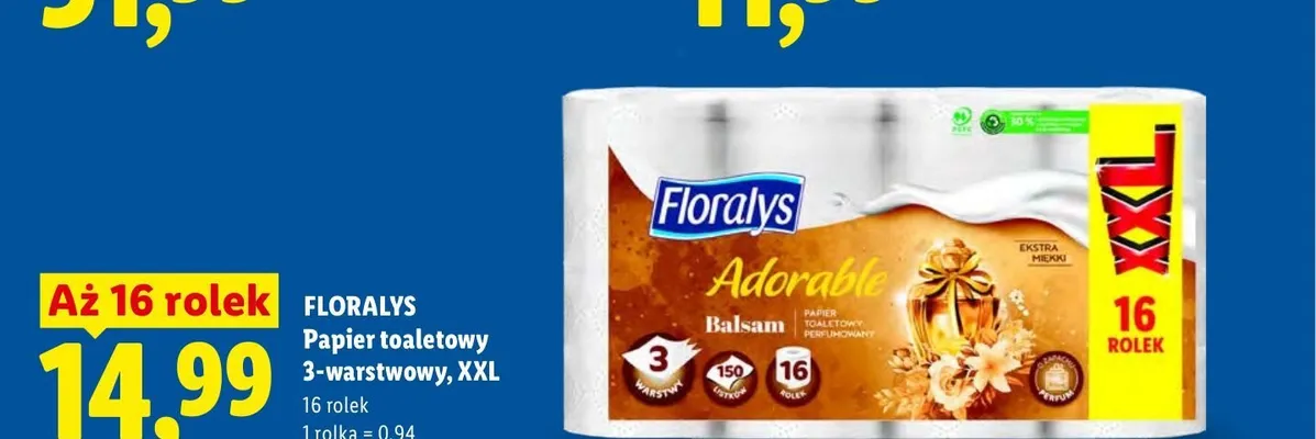 Papier toaletowy Floralys Adorable Balsam 3-warstwowy XXL 16-pak promocja w Lidl