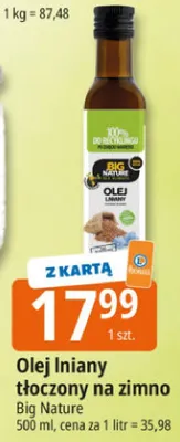 Olej lniany tłoczony na zimno Big Nature promocja w Leclerc