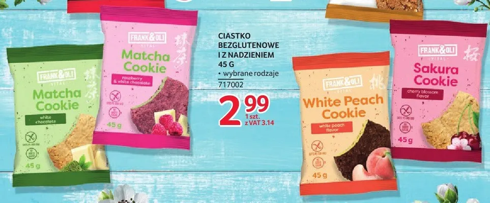 Ciastko bezglutenowe i z nadzieniem Frank&Oli Matcha Cookie Raspberry & White Chocolate promocja w Selgros