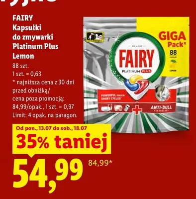 Kapsułki do zmywarki Fairy Platinum Plus Lemon promocja w Lidl