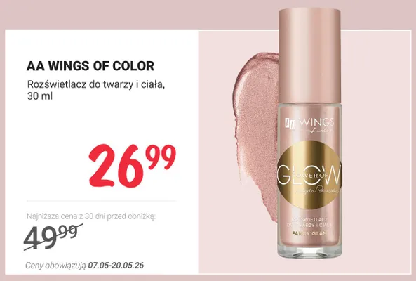 Rozświetlacz do twarzy i ciała AA Wings of Color Glow Power of Fancy Glam promocja w Rossmann