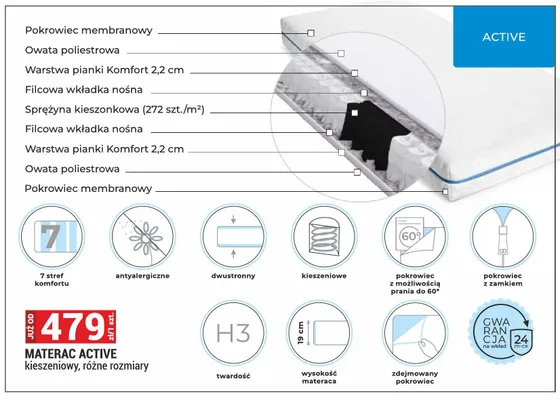Materac ACTIVE kieszeniowy H3 promocja w Merkury Market