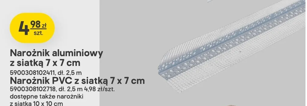 Narożnik aluminiowy z siatką 7x7 cm dł. 2,5 m promocja w Castorama