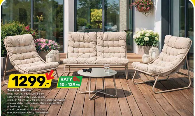 Zestaw ogrodowy Natura fotel 87x62x86cm sofa 87x122x86cm stolik śr. 60cm wys. 40cm kolor kremowy promocja w Bricomarche