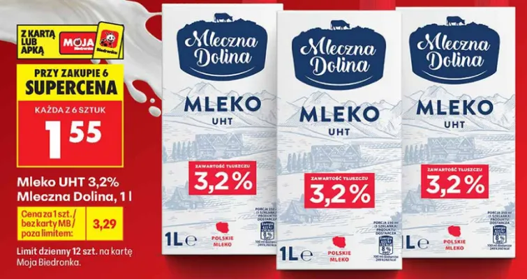 Mleko UHT Mleczna Dolina 3,2% promocja w Biedronka