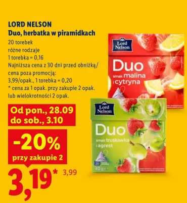 Herbatka w piramidkach Lord Nelson Duo smak malina i cytryna promocja w Lidl