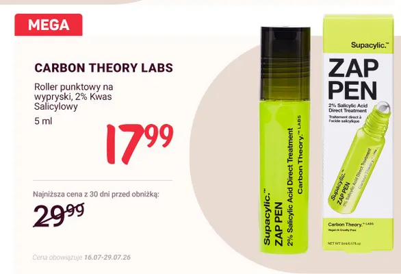 Roller punktowy na wypryski 2% Kwas Salicylowy Carbon Theory Labs Supacylic Zap Pen promocja w Rossmann