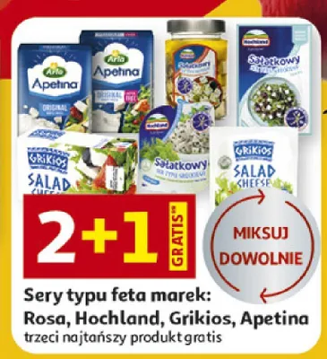 Ser typu feta marki: Rosa, Hochland, Grikios, Apetina trzeci najtańszy produkt gratis promocja w Auchan