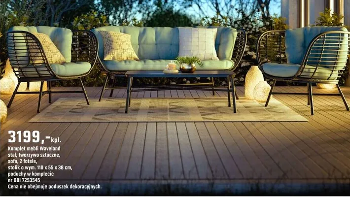 Komplet mebli Waveland stół, tworzywo sztuczne, sofa, 2 fotele, stolik o wym. 110 x 55 x 38 cm, poduchy w komplecie promocja w OBI
