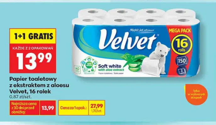 Papier toaletowy z ekstraktem z aloesu Velvet 16-pak promocja w Biedronka