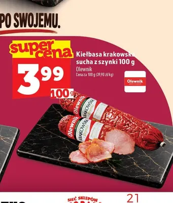 Kiełbasa krakowska sucha z szynki Olewnik promocja w TOPAZ