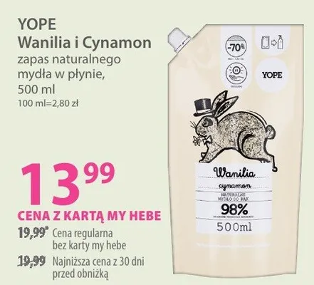 Mydło YOPE Wanilia i Cynamon zapas naturalnego mydła w płynie promocja w Hebe