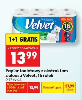 Papier toaletowy z ekstraktem z aloesu Velvet 16-pak promocja w Biedronka