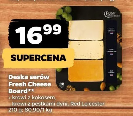Deska serów Fresh Cheese Board krowi z kokosem, z pestkami dyni, Red Leicester promocja w Netto