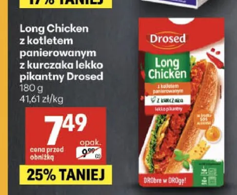 Long Chicken z kotletem panierowanym z kurczaka lekko pikantny Drosed promocja w Delikatesy Centrum