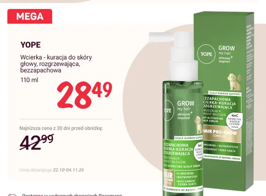 Wcierka kuracja do skóry głowy rozgrzewająca bezzapachowa Yope promocja w Rossmann