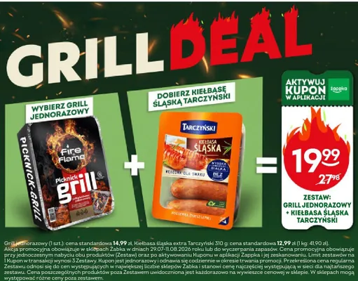 Zestaw grill jednorazowy + kiełbasa śląska Tarczyński promocja w Żabka
