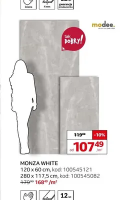 Płyta ścienna mineralna Modee Monza White 120x60 cm promocja w Komfort