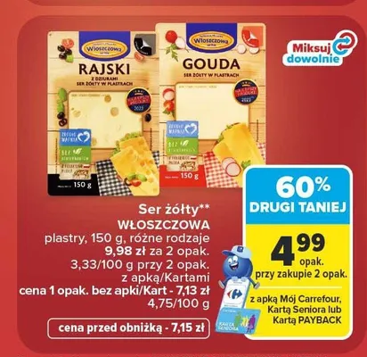 Ser żółty Gouda plastry Włoszczowa promocja w Carrefour