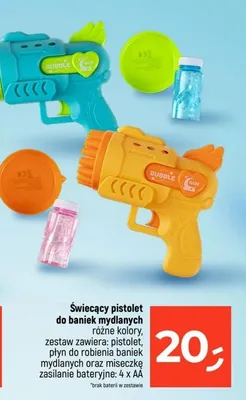 Świecący pistolet do baniek mydlanych różne kolory zestaw zawiera: pistolet, płyn do robienia baniek mydlanych oraz miseczkę zasilanie bateryjne: 4 x AA promocja w Dealz