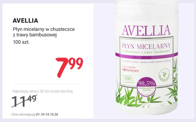 Płyn micelarny w chusteczce z trawy bambusowej Avellia promocja w Rossmann