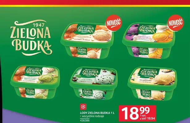 Lody Zielona Budka o smaku miętowym z płatkami czekolady promocja w Selgros