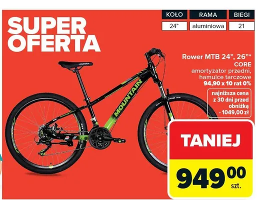 Rower MTB 26" Core amortyzator przedni hamulce tarczowe promocja w Carrefour