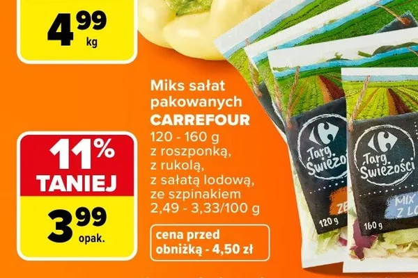Miks sałat pakowanych ze szpinakiem Targ Świeżości promocja w Carrefour