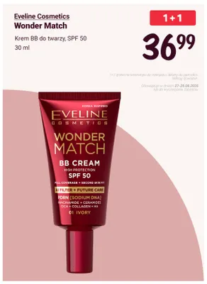 Krem BB do twarzy Eveline Cosmetics Wonder Match SPF 50 promocja w Rossmann