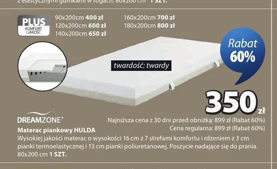 Materac piankowy DREAMZONE HULDA twardy 140x200cm promocja w Jysk
