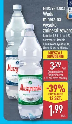 Woda mineralna gazowana wysoko-zmineralizowana niskonasycona CO2 Muszynianka promocja w Aldi