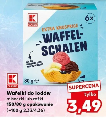 Wafelki do lodów miseczki lub rożki K Classic Extra Knusprige Waffelschalen promocja w Kaufland