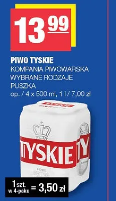 Piwo Tyskie puszka 4-pak 500ml promocja w SPAR