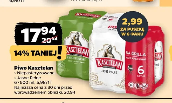 Piwo Kasztelan Niepasteryzowane 6-pak 500 ml promocja w Netto