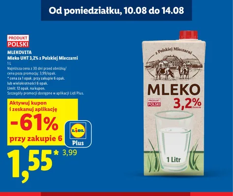 Mleko UHT 3,2% z Polskiej Mleczarni Mlekovita promocja w Lidl
