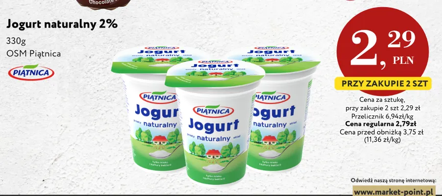 Jogurt naturalny Piątnica 2% promocja w Market Point