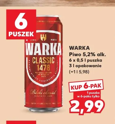 Piwo Warka 5,2% 6-pak promocja w Kaufland