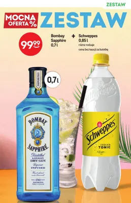 Zestaw gin Bombay Sapphire 0,7 l + napój gazowany Schweppes 0,85 l promocja w Żabka