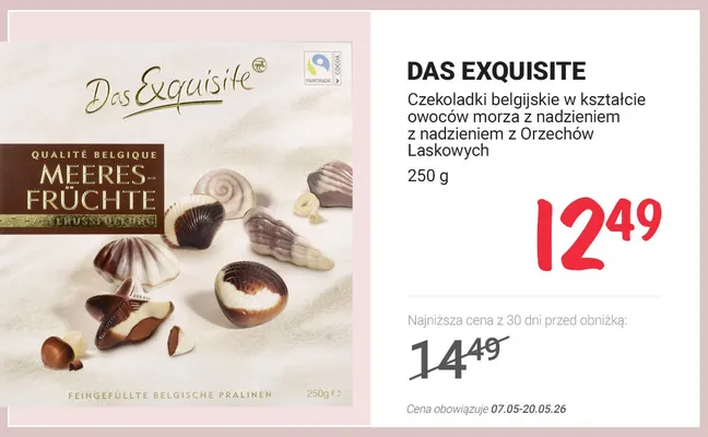 Czekoladki belgijskie w kształcie owoców morza z nadzieniem z Orzechów Laskowych Das Exquisite promocja w Rossmann