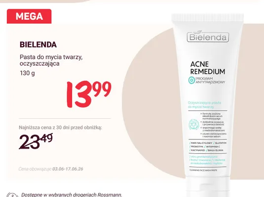 Pasta do mycia twarzy oczyszczająca Bielenda Acne Remedium promocja w Rossmann