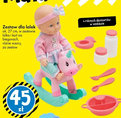 Zestaw dla lalek ok. 27 cm, w zestawie lalka i koń na biegunach, różne wzory, za zestaw promocja w Tedi