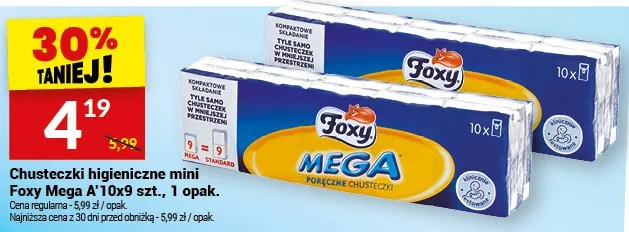 Chusteczki higieniczne mini Foxy Mega A'10x9 szt., 1 opak. promocja w Twój Market