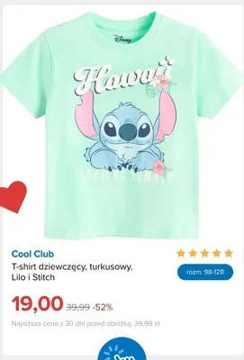 T-shirt dziewczęcy Cool Club turkusowy Lilo i Stitch promocja w Smyk