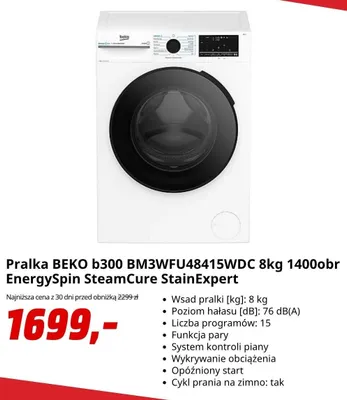 Pralka Beko b300 EnergySpin SteamCure StainExpert promocja w Media Markt