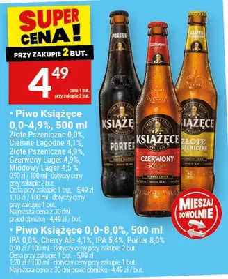 Piwo Książęce Złote Pszeniczne 0,0%, Ciemne Łazeckie 0,0%, Ciemne Księcia Wacława 0,0%, Czerwony Lager 4,4%, Piwo Warmińskie 4,4% promocja w Twój Market