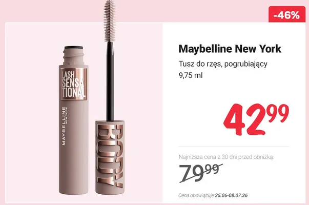 Tusz do rzęs pogrubiający Maybelline New York Lash Sensational promocja w Rossmann