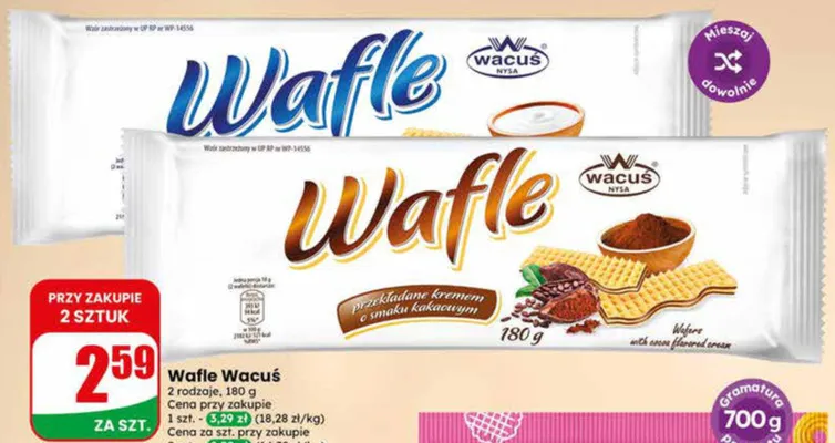 Wafle Wacuś o smaku kakaowym promocja w Dino