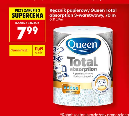 Ręcznik papierowy Queen Total absorption 3-warstwowy promocja w Biedronka